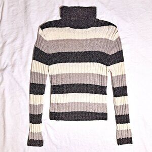 Vintage Y2K 2000s Energie Black Ivory Gray Striped Turtleneck Knit Sweater Small